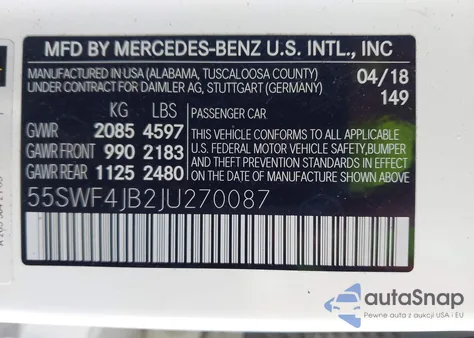 2018 Mercedes-Benz C 300 из США, поврежденный, VIN 55SWF4JB2JU270087